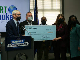 Gov. Tony Evers, Adam Tindall-Schlicht, Acting Mayor Cavalier Johnson, DOA Secretary-Designee Kathy Blumenfeld and Congresswoman Gwen Moore