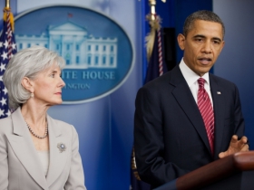 Health and Human Services Secretary Kathleen Sebelius and President Barack Obama.