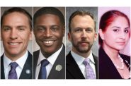 2020年县长初选候选人。从左至右:州参议员克里斯·拉尔森，州众议员大卫·克劳利，县董事会主席西奥多·利普斯科姆，老，和商人普尼玛·纳特。