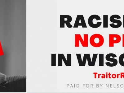 参议员罗恩·约翰逊感谢汤姆·尼尔森在豪宅附近的广告牌上呼吁他的种族主义