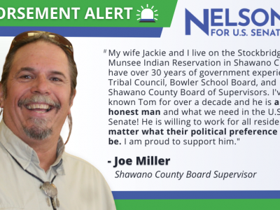 杰出的地方和部落领袖乔·米勒支持汤姆·纳尔逊竞选美国参议员