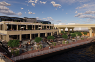 提议的狐狸镇码头和市中心的狗公园沿着密尔沃基河。由Stephen Perry Smith Architects设计。